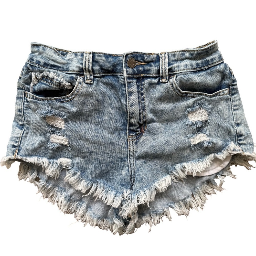 Cello Light Blue Distressed Jean Shorts Size S Festival High Rise Boho Bootie